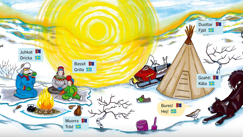 "Vår i Sápmi/GiddaSámis”, en tvåspråkig pekbok för de allra yngsta med text av Elin Marakatt från Idivuoma och illustrationer av Anna-Stina Svonni från Kiruna.