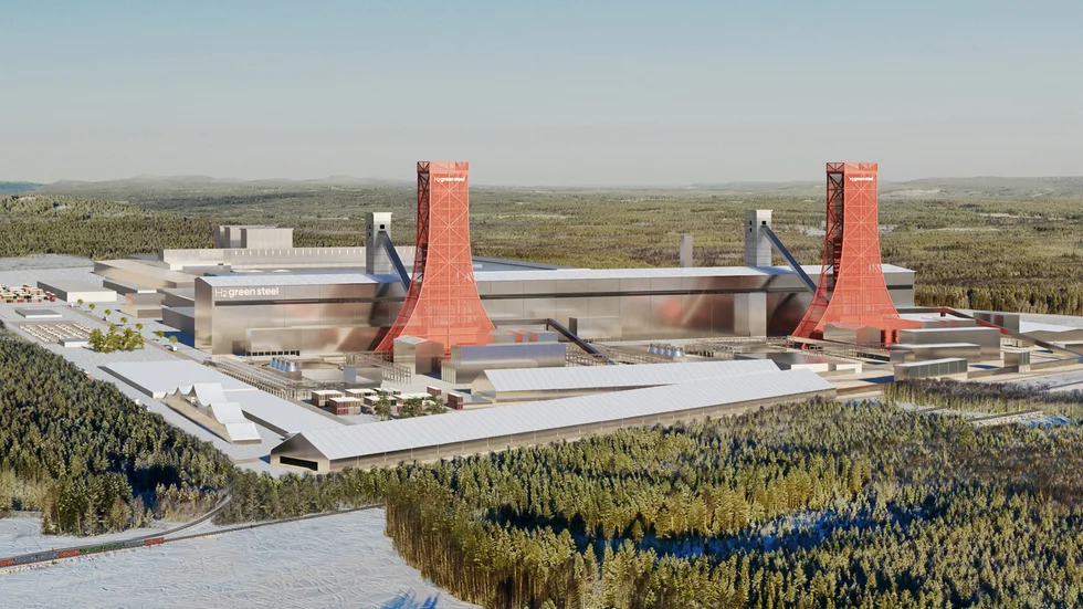 Illustration av det stålverk och reduktionsanläggning som H2 Green Steel planerar att bygga i Boden.