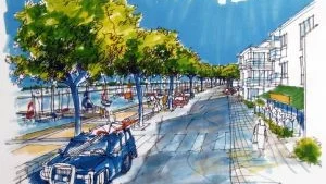 Från silo till bostadsrätter. Enligt en kommunal framtidsvision ska området vid Hamnplan fyllas med bostadsrätter intill en attraktiv strandpromenad. Riksbyggen bekräftar att planeringen för en exploatering av området planeras. Men det kommer att dröja innan byggstart, och bostadsrätternas utseende återstår att se. Skiss: Leif Leanderz
Klicka på bilden för att se den i större format.