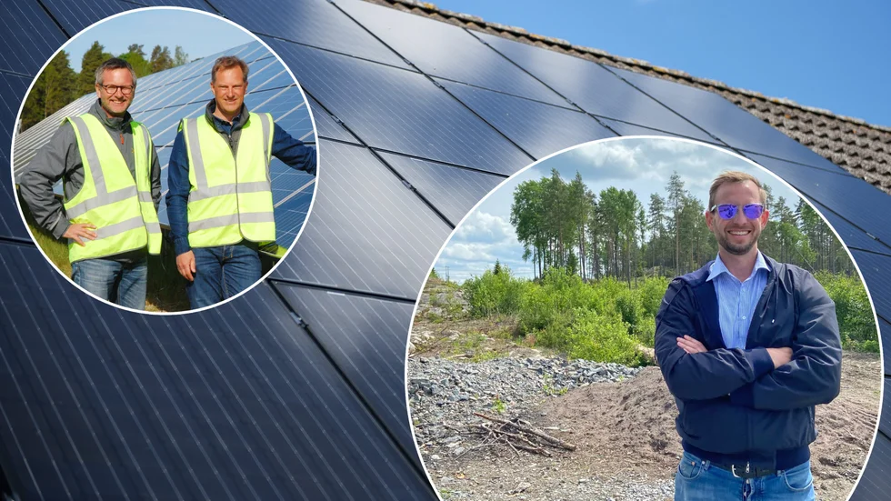 Jonas Weissglas och Johan Skördare är marknadschef respektive vd för Energiengagemang, som ska sätta solpaneler på taket på Riddermark bils planerade anläggning i Biskopskvarn, bortanför de befintliga verksamheterna och den asfalterade raksträckan längs med E 20. På bilden syns vd Alexander Riddermark.