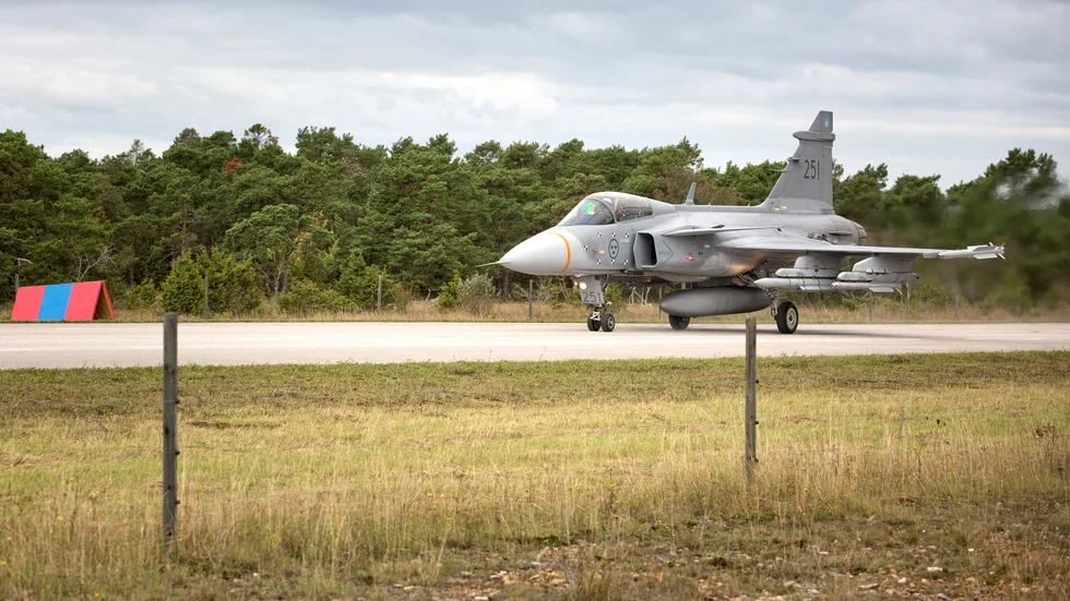 Ett Jas 39 Gripen tvingades landa i Uppsala efter en fågelkollision. Bilden är en arkivbild.