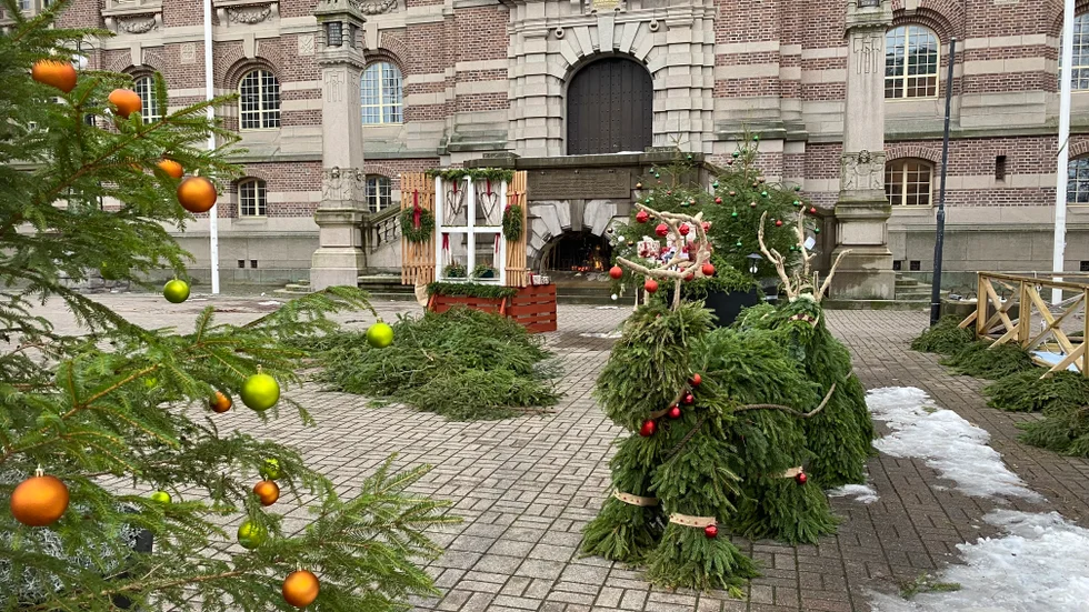 Doftande granris, ett selfiebås och tomtens släde på Vintertorget (Tyska torget) vid Rådhuset. Skridskobanan är också på plats.