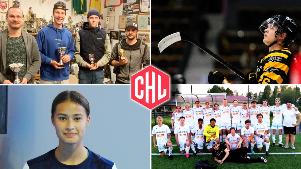 Fem i Rönnskärs IF:s herrlag har prisats (uppe tv): Rasmus Bolin, Kian Bridges, Anton Helander, Kalle Holmgren, saknas på bilden gör Felix Stenmark. Simon Robertsson (uppe th) kallas in till Juniorkronorna, Indra Bodén (nere tv) är rankad etta i Europa och Burträsks juniorlag har stått för en riktigt fin säsong. Samtidigt står det klart att CHL (logga i mitten) görs om till nästa säsong. 