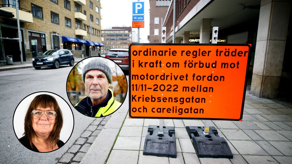 "Det finns inte längre något behov av att ha öppet förbi torget så därför övergår vi till det normala igen", säger Jan Heldring, byggledare på stadsbyggnadsförvaltningen på Eskilstuna kommun. På bild även Sarita Hotti (S), ordförande för stadsbyggnadsnämnden.