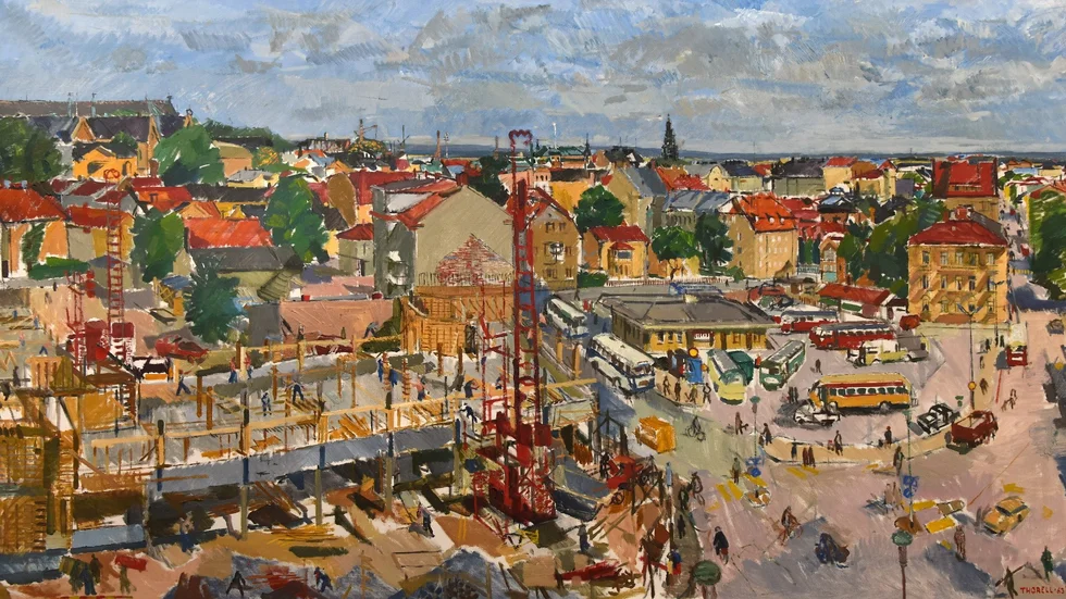 "Byggnation vid busscentralen", målning av Pär Thorell från 1963. 