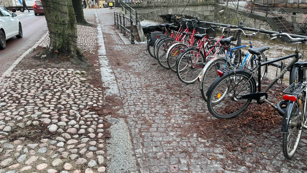Platsen under träden närmast Nybron har kommunen glömt. På den ojämna beläggningen har fallna löv och kastanjer geggat ihop sig, fastän det hade varit lätt att blåsa ner det i ån. Men åkanten har potential, anser Cykelfrämjandet i Uppsala.