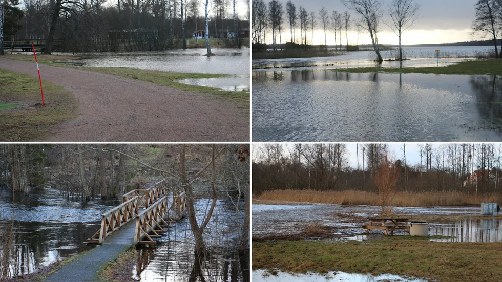 Vattnet når nästan upp till strandpromenaden och udden står under vatten. Vattenståndet i sjön Hulingen är så högt nu, att mätutrustningen inte räcker till. Det finns fog för SMHI:s gula varning för höga flöden i Silverån.