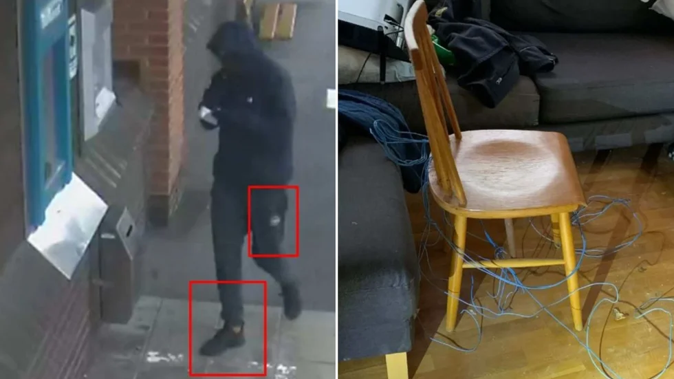 Bilder ur polisens förundersökning. Rutorna på den vänstra bilden visar kännetecken på rånarens klädsel, när han tar ut pengar ur bankomaten med offrets bankkort. Till höger stolen, som offret bands fast på. 