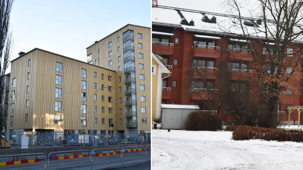 Till vänster Frigg sett från Kanalgatan och till höger Nipan 2, sett från sidan som är mot älven. 