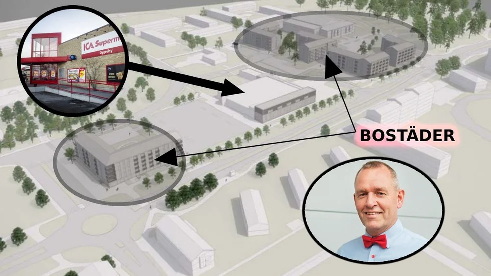 Norr och söder om Ica Knuten planeras nya 108 nya bostäder. Dessutom kan Ica-butiken byggas ut. Utbyggnaden är markerad med grått på illustrationen. Conny Holmström driver Ica-butiken.