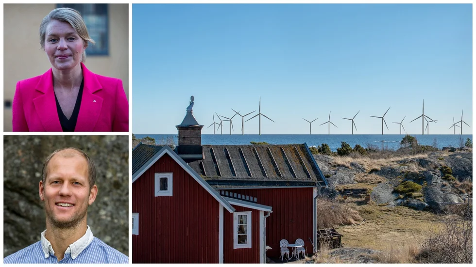 Sophia Jarl och borgerlig samverkan är negativa till vindkraftsplanerna bland annat för att det inte finns några regler kring ersättningar till fastighetsägare som drabbas. Visualiseringen föreställer en potentiell vy från Hävringe i Sörmland. Per Edström är projektledare på Svea Vind Offshore.