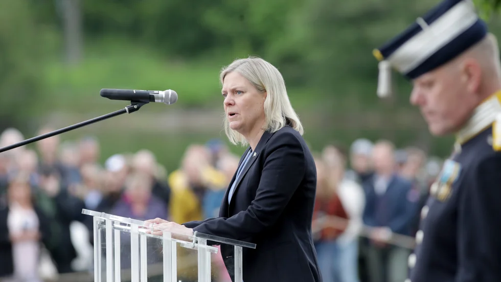 Statsminister Magdalena Andersson talar under veterandagen vid Sjöhistoriska museet i Stockholm på söndagen.