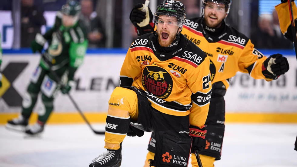 Luleås Brendan Shinnimin jublar efter att ha kvitterat till 2–2 under den tredje perioden.