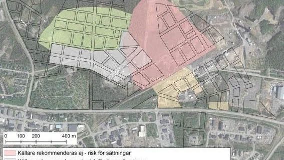 Kartan  visar vilka områden där det inte är möjligt att bygga källare i nya Kiruna centrum.