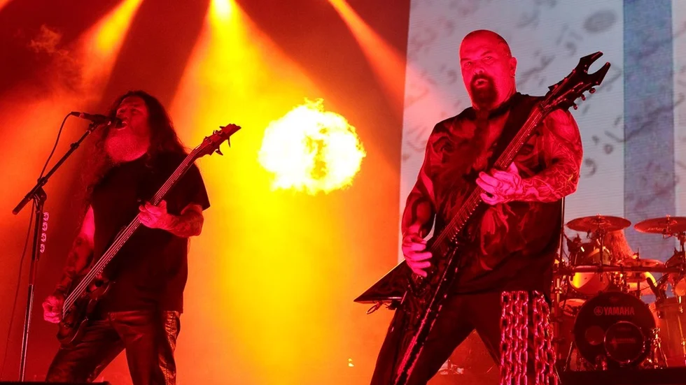 Tom Araya, left, and Kerry King of the band Slayer perform in concert during the 2015 Rockstar Energy Drink Mayhem Festival at the Susquehanna Bank Center on Friday, July 17, 2015, in Camden, N.J. (Photo by Owen Sweeney/Invision/AP)