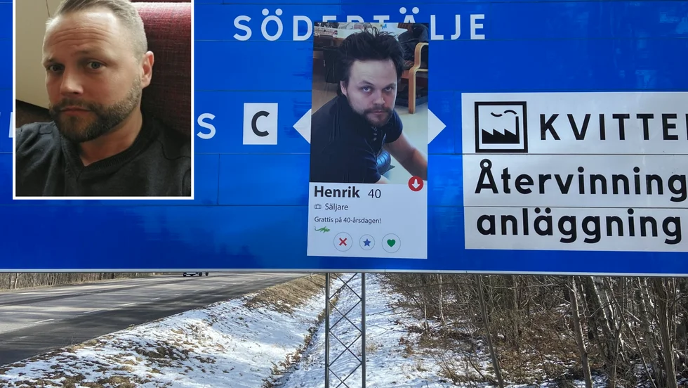 Henrik Andersson, 30, och samma Henrik Andersson, 40 (som han fyllde onsdagen den 6 april). Den påklistrade dekalen vid Västerport  är 92 x 172 centimeter stor.