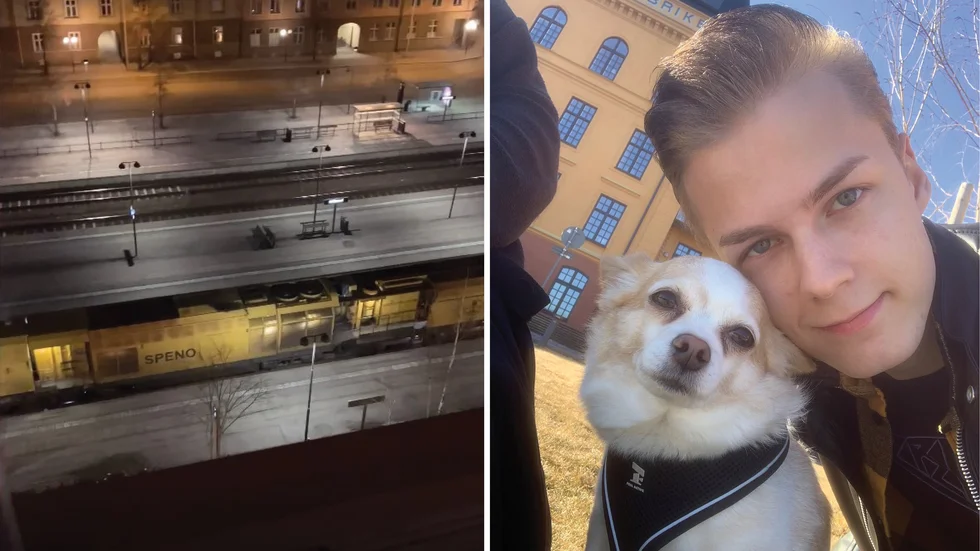 Timothy Malmberg, här med hunden Milo, var en av alla Eskilstunabor som reagerade på det störande ljudet som ljöd över Eskilstuna natten mot tisdagen. Hans lägenhet visade sig ha första parkett mot källan till oljudet.