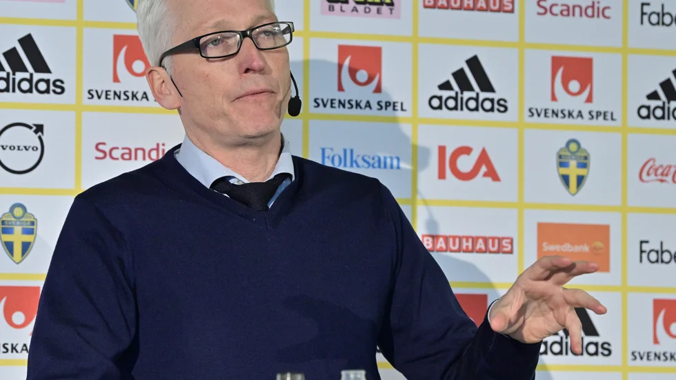 Håkan Sjöstrand, generalsekreterare på Svenska fotbollförbundet, under onsdagens pressträff i Solna.