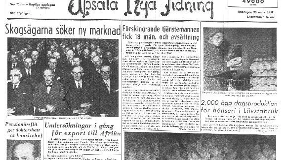 UNT:s förstasida 25 mars 1959. Två av huvudnyheterna var en tjänsteman som dömts för förskingring och ett reportage från hönseriet i Lövstabruk.