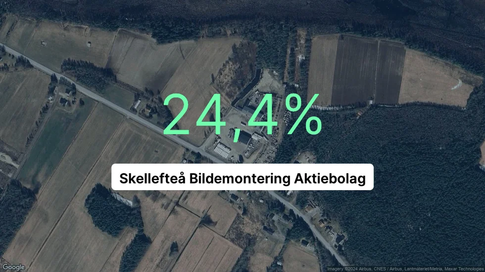 Illustrationen visar rörelsemarginalen för Skellefteå Bildemontering för det senaste året. Bakgrunden är en satellitbild över företagets adress.