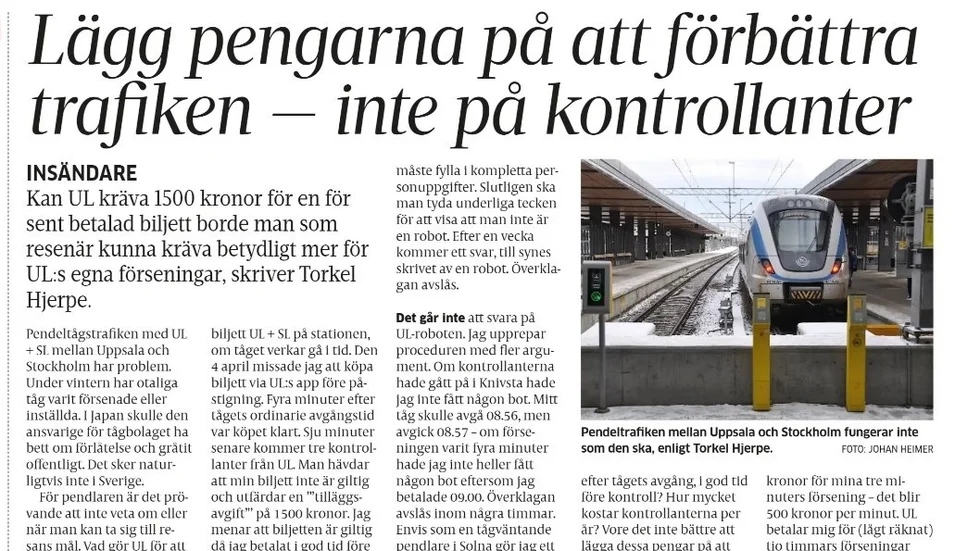 UL:s marknadschef svarar på Torkel Hjerpes insändare om kontrollanter i pendeltrafiken.