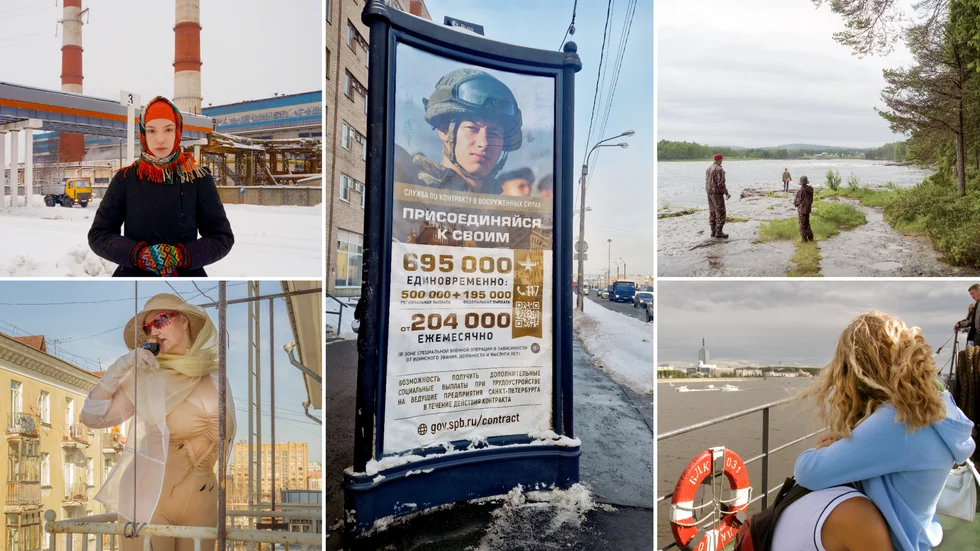 Kenneth Mikkos bilder. Mitten: S:t Petersburg (2023) Värvningsaffisch. "Soldaterna kunde enligt affischen i december 2023 få cirka 100 000 kronor i engångssumma plus månadslön från cirka 30 000 kronor, vilket är mycket i Ryssland. Plus sociala förmåner." Övriga bilder: Dasha, student från Archangelsk (2021). Elena arbetade inom socialtjänsten, men hade i sin ungdom varit fotomodell (2018). Kattilakoski vid  Torneälvens strand (2016). Flottans dag, Archangelsk (2009).