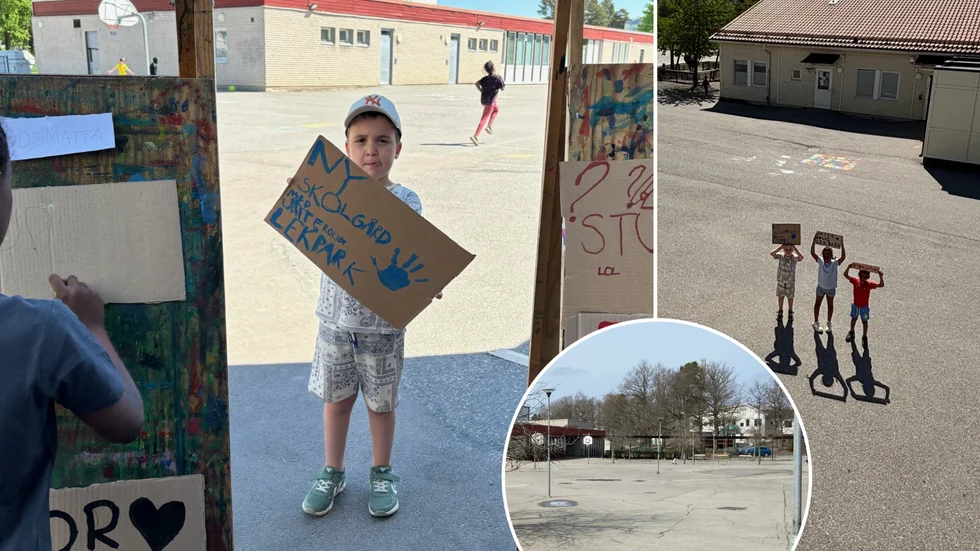 Lagersbergsskolans nya skolgård skulle ha varit klar redan förra hösten. Ännu finns inga spår av utlovade lekattiraljer på den sedan länge kala asfalten och frustrationen växer hos elever och personal. Här demonstrerar barnen Elian, Najah och Bilal.