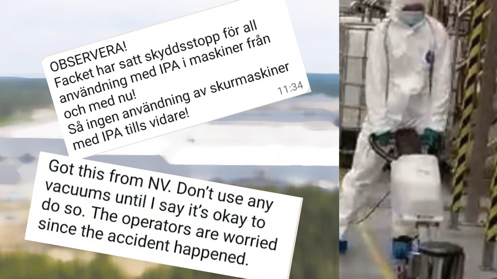 Sodexo, the cleaning contractor at Northvolt, announced a protective shutdown and issued a warning to cleaners via chat. However, several sources have told Norran that they observed cleaners working with only face masks, as seen in the picture, in areas where gas masks are mandatory.