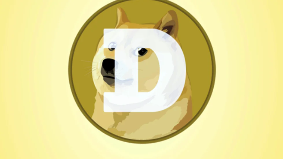 Kryptovalutan dogecoins logotyp, byggd på ett foto av den japanska kändishunden Kabuso som nu gått bort.