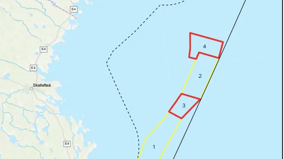 Scandinavian ocean minerals nya underökningsområden är markerade med rött, de tidigare med gult.
