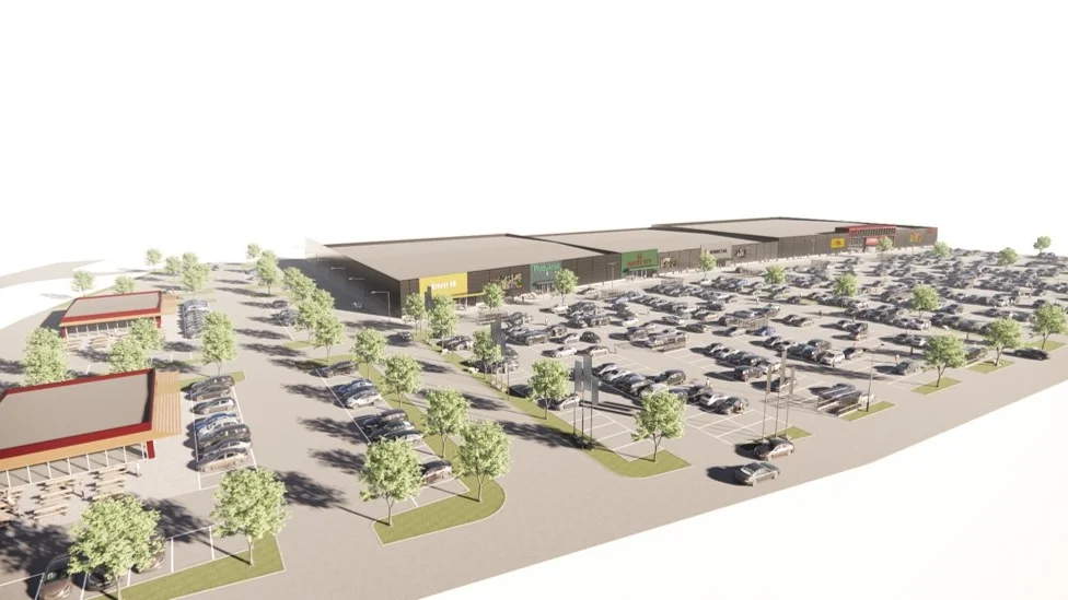 Visionsbild av nya handelsområdet i Lomtjärn där Coops nya stormarknad kommer att byggas med start 2025.