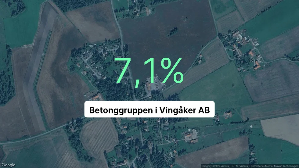 Illustrationen visar rörelsemarginalen för Betonggruppen i Vingåker för det senaste året. Bakgrunden är en satellitbild över företagets adress.