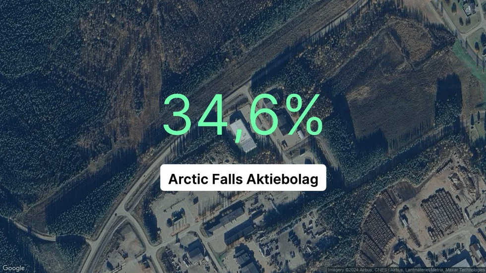 Illustrationen visar rörelsemarginalen för Arctic Falls för det senaste året. Bakgrunden är en satellitbild över företagets adress.