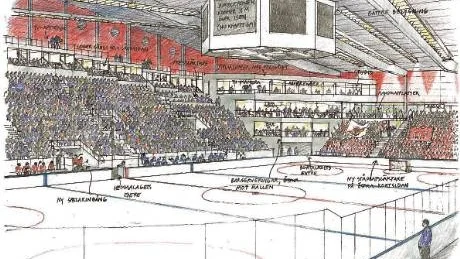 Ny interiör. Så här ska Coop Arena se ut efter ombyggnaden. Uppe till vänster syns de nya logerna och till höger den nybyggda ståplatsläktaren. Jumbotronen höjs upp sex meter och två nya barer syns bakom sarghörnet. Om pengarna räcker ...