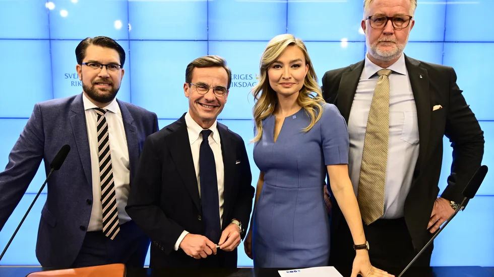 Ulf Kristersson (M),  Jimmie Åkesson (SD),  Ebba Busch (KD) och Johan Pehrson (L) efter gemensam pressträff, i riksdagens presscenter, om regeringsbildningen. 