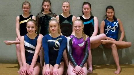 Älvsbygymnasternas tävlingstrupp på Norrlandsmästerskapet bestod av åtta tjejer. Bakre raden från vänster: Kajsa Söderberg, Jenny Knuts, Elin Bergvall, Anna Nilsson och Elin Lundström. Främre raden från vänster: Elise Pettersson, Kajsa Sundqvist och Linnea Åberg.