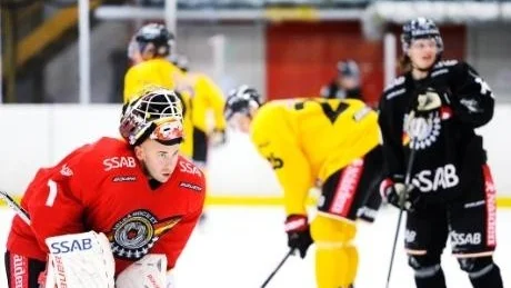 David Rautio vaktar Luleås kasse i matchen mot Red bull Salzburg.