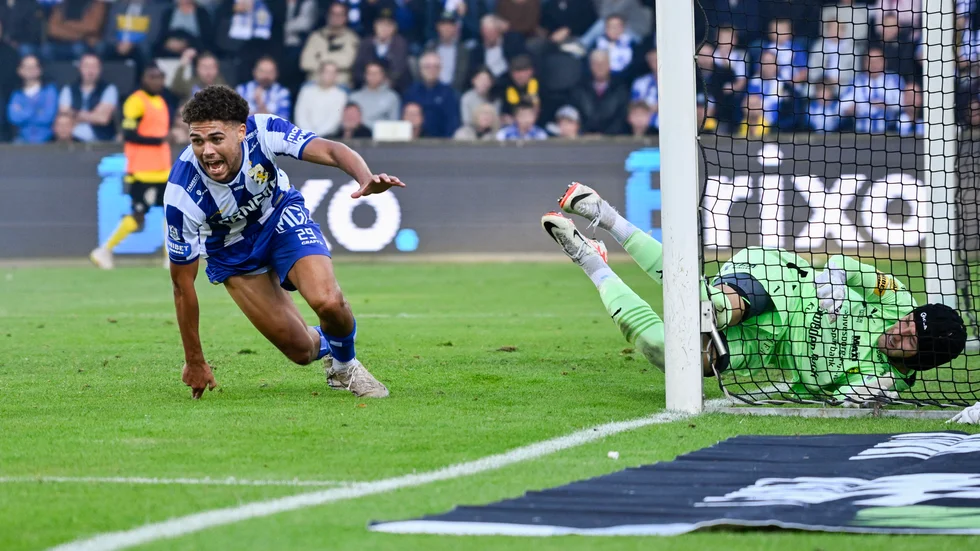 IFK Göteborgs Thomas Santos jublar efter sitt segermål (1–0) borta mot Mjällby i fotbollsallsvenskan.