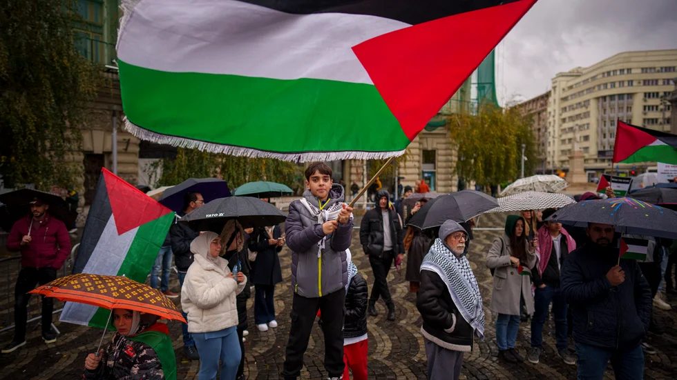 Ett barn viftar med en palestinsk flagga under en propalestinsk demonstration i Bukarest i Rumänien under lördagen.