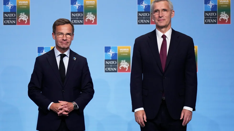 Jens Stoltenberg och Ulf Kristersson vid Nato-mötet i Vilnius i Litauen i juli i år.