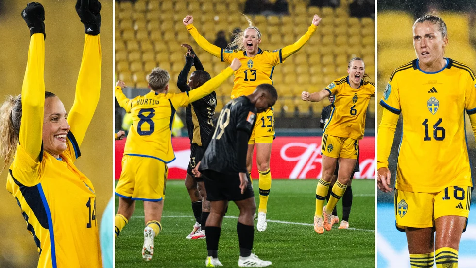 Nathalie Björn (t v), Filippa Angeldahl (t h) och Sverige fick fira  en seger i VM-premiären mot Sydafrik efter en dramatisk avslutning.