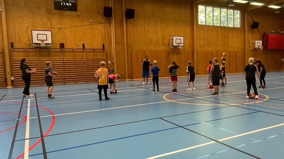 Träning för ett av Strängnäs basketklubbs lag i Karinslundshallen.