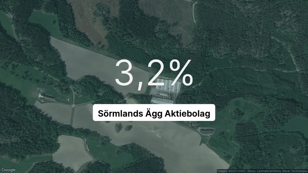 Illustrationen visar rörelsemarginalen för Sörmlands Ägg för det senaste året. Bakgrunden är en satellitbild över företagets adress.