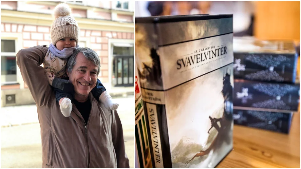 Erik Granström med barnbarnet Lyra på Åland, dit han flyttade för två år sedan. Han ägnar sig främst åt skrivande och har författat flera fantasyromaner som bygger vidare på äventyr och miljöer han skapade för "Drakar och demoner".