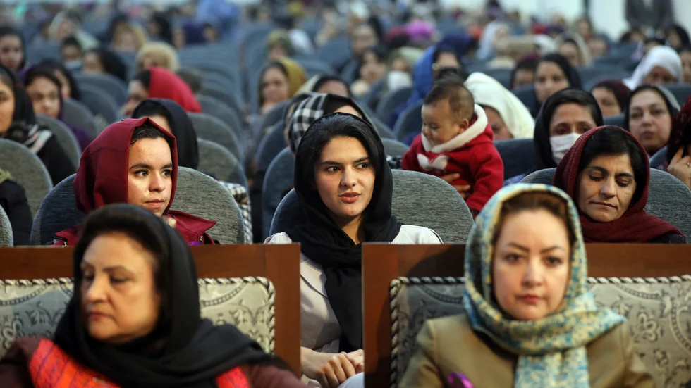 Deltagare vid ett evenemang med anledning av internationella kvinnodagen i Afghanistans huvudstad Kabul i mars.