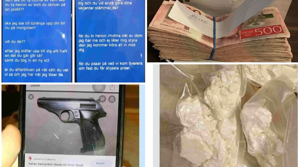 Bilder som polisen hittat i Encrochat-telefoner hos personer som nyligen åtalats för bland annat grova narkotikabrott och grova vapenbrott. Fotot längst ner till höger föreställer kokain.