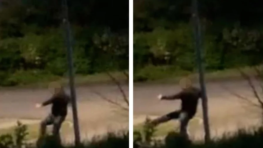 Ett vittne filmade den 42-årige mannen när han sparkade på en liggande kvinna. (Bilderna är hämtade ur förundersökningen.) 