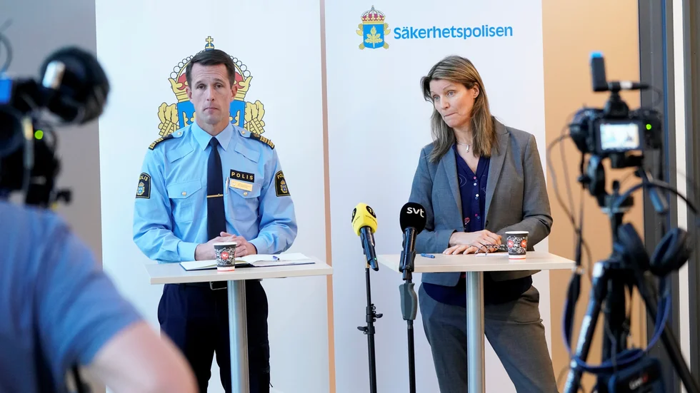 Mattias Sigfridsson, kommenderingschef för polisregion Syd, och Susanna Trehörning, biträdande kommenderingschef från Säkerhetspolisen, vid en pressträff om säkerhetsarbetet i samband med Förintelsekonferensen nästa vecka.