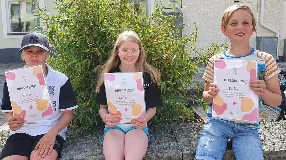 Vinton Carlsson, Sofia Eklundh Jonsson och Victor Olsson har varit Vadstenas duktigaste majblommeförsäljare i år.