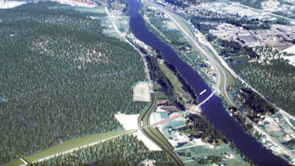 Planen börjar i Södra Tuvan och man ser hur Bockholmsvägen måste flyttas en liten bit. Norr om älven ser man hur banan ansluter till befintlig järnväg. 
